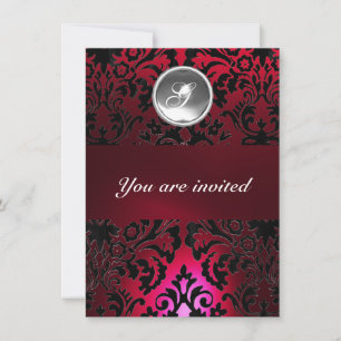 BLACK & RED DAMASK GEM STONE MONOGRAM burgundy Einladung