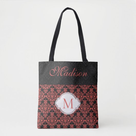 Black Red Damask Girly Trendy Initial Monogram Tasche (Vorderseite)