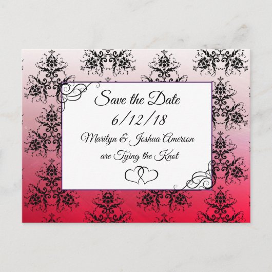 Black Red Damask Hochzeit Save the Date Postkarte (Vorderseite)