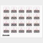 Black & Red Damask Save the Date Hochzeitsaufklebe Quadratischer Aufkleber (Blatt)