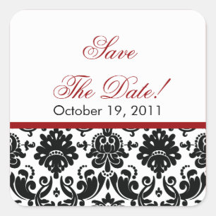 Black & Red Damask Save the Date Hochzeitsaufklebe Quadratischer Aufkleber