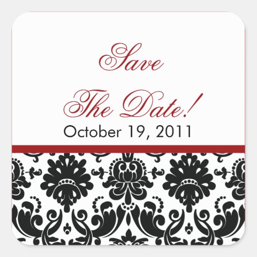 Black & Red Damask Save the Date Hochzeitsaufklebe Quadratischer Aufkleber (Vorderseite)