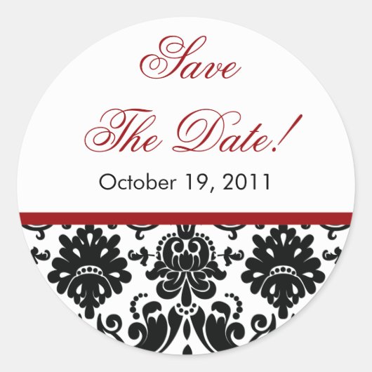 Black & Red Damask Save the Date Hochzeitsaufklebe Runder Aufkleber (Vorderseite)