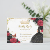 Black Red Floral Gold Princess Gown Quinceañera RSVP Karte (Stehend Vorderseite)