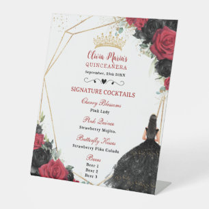 Black Red Floral Gold Quinceñera Cocktails Menü Sockelschild