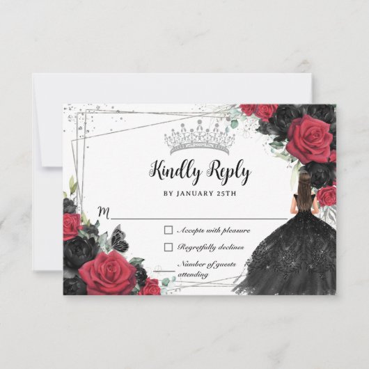 Black Red Floral Silver Princess Gown Quinceañera RSVP Karte (Vorderseite)