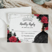 Black Red Floral Silver Princess Gown Quinceañera RSVP Karte