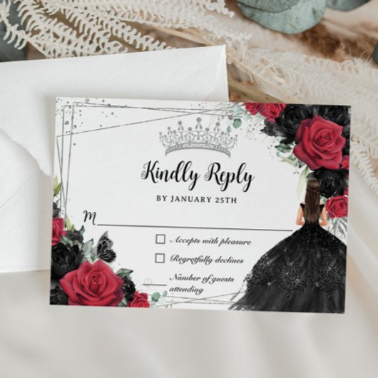 Black Red Floral Silver Princess Gown Quinceañera RSVP Karte