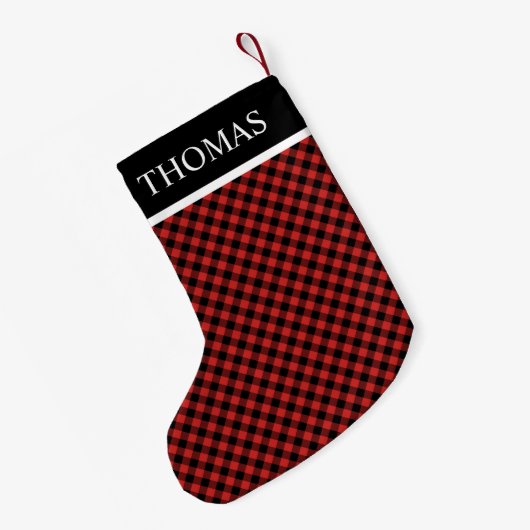 Black Red Gingham Individuelle Name Kleiner Weihnachtsstrumpf (Rückseite (Hängend))