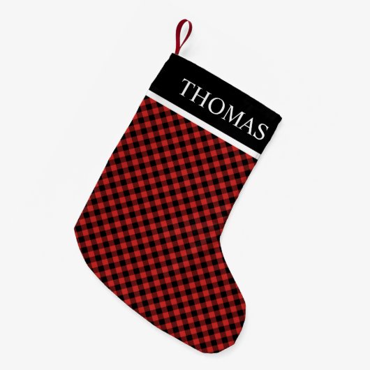 Black Red Gingham Individuelle Name Kleiner Weihnachtsstrumpf (Vorderansicht (hängend))