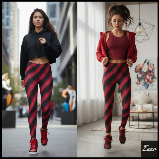Black Red Glitch Cyber Diagonal Stripe Leggings