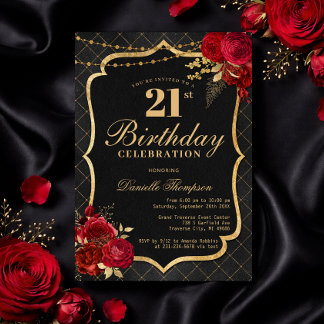 Black, Red & Gold 21st Birthday Invitation Einladung