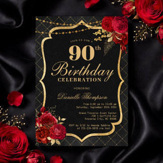 Black, Red & Gold 90th Birthday Invitation Einladung