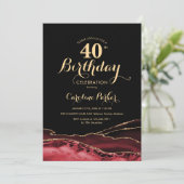 Black Red Gold Agate 40. Geburtstag Einladung (Stehend Vorderseite)