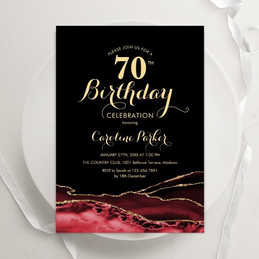 Black Red Gold Agate 70. Geburtstag Einladung