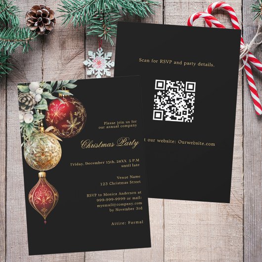 Black Red gold Baubles Business QR Weihnachtsgesch Einladung