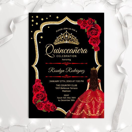 Black Red Gold Dress Quinceanera Einladung