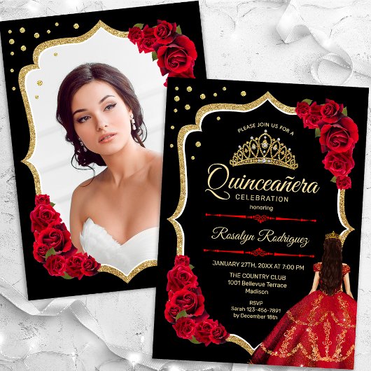 Black Red Gold Dress Quinceanera Foto Einladung