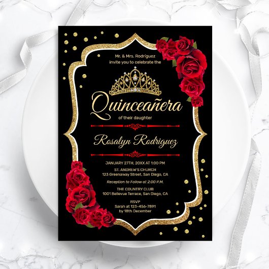 Black Red Gold Elegante Quinceanera Einladung