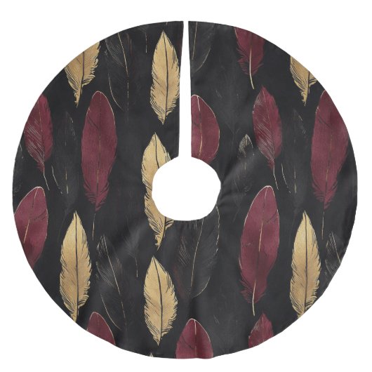 Black Red Gold Feathers Christmas Polyester Weihnachtsbaumdecke (Vorderseite)