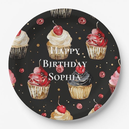 Black Red Gold Glam Cupcakes Birthday Pappteller (Vorderseite)