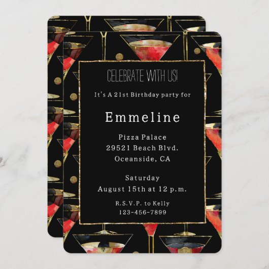 Black Red Gold Martini Geburtstag Einladung (Vorne/Hinten)