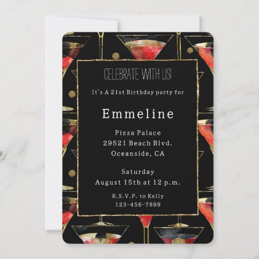 Black Red Gold Martini Geburtstag Einladung (Vorderseite)