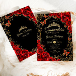 Black Red Gold Quinceanera Einladung