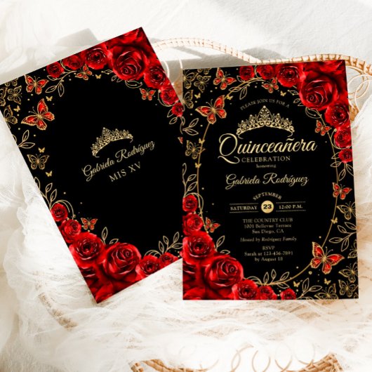 Black Red Gold Quinceanera Einladung