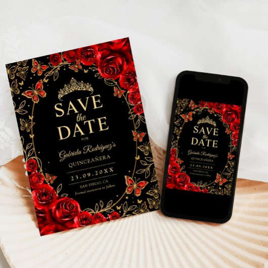 Black Red Gold Quinceanera Floral Save The Date