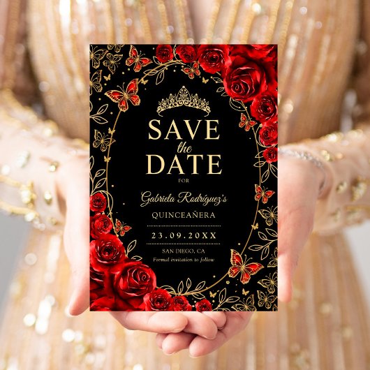Black Red Gold Quinceanera Floral Save The Date