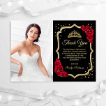 Black Red Gold Quinceanera Foto Dankeskarte<br><div class="desc">Schwarz rotes Gold Quinceanera Feier danke Ihnen Karte. Enthält Skript-Schriftart,  rote Rosen,  Tiara und Glitzer Gold. Klassisches Design mit Ihrem Foto. Ideal für eine elegante Glasfeier im Prinzessinnstil.</div>