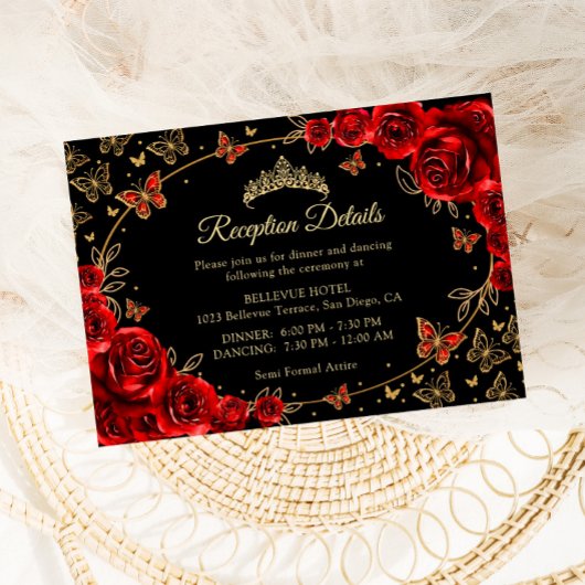 Black Red Gold Quinceanera Reception Details Begleitkarte
