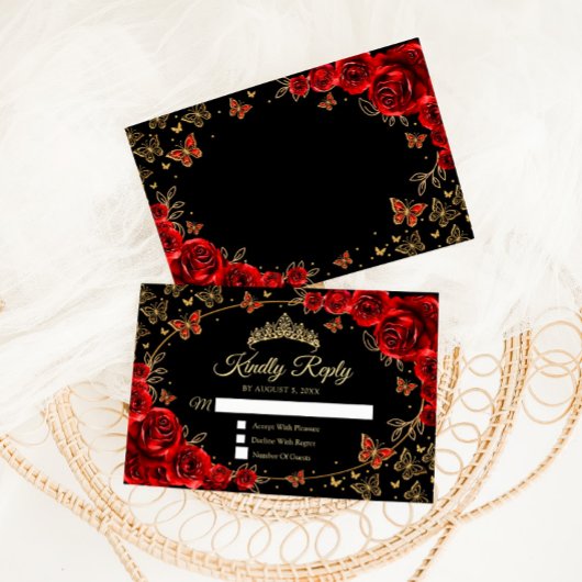 Black Red Gold Quinceanera Reply RSVP Karte