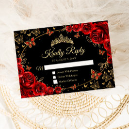 Black Red Gold Quinceanera Reply RSVP Karte