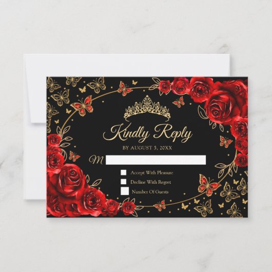 Black Red Gold Quinceanera Reply RSVP Karte (Vorderseite)