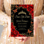 Black Red Gold Quinceanera Save The Date<br><div class="desc">Black red and gold Quinceanera celebration Save The Date card. Features,  script font,  butterflies,  watercolor roses and tiara. Perfect for an elegant princess style glam celebration. Personalize with your own details. Printed Zazzle cards or instant download digital printable template.</div>