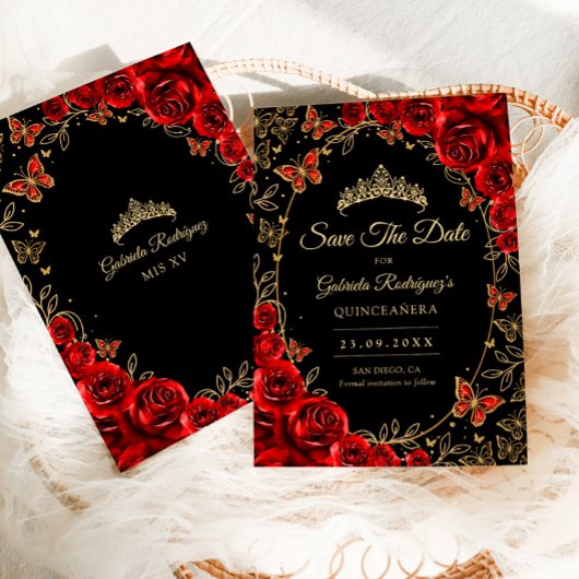 Black Red Gold Quinceanera Save The Date