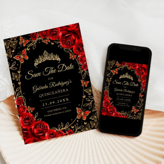 Black Red Gold Quinceanera Save The Date