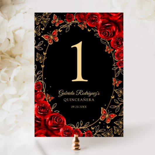 Black Red Gold Quinceanera Tischnummer