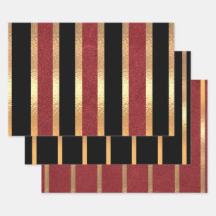 Black Red Golden Strips Modern Geschenkpapier Set