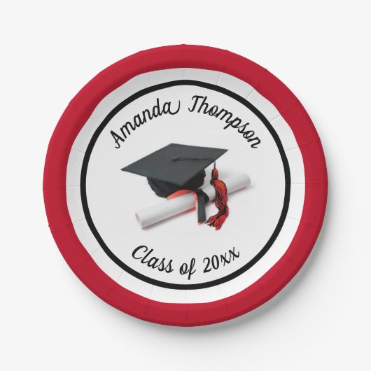Black Red Graduation Cap and Tassel | Benutzerdefi Pappteller (Vorderseite)