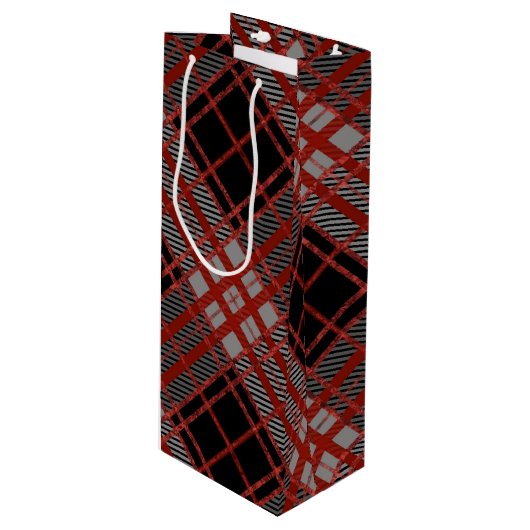 BLACK RED GRAY HALLOWEEN PLAID PATTERN GESCHENKTÜTE FÜR WEINFLASCHEN (Vorderseite Schrägansicht)