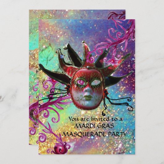 BLACK RED JESTER MASK Masquerade Party Blue Gold Einladung (Vorne/Hinten)