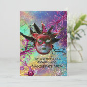 BLACK RED JESTER MASK Masquerade Party Blue Silver Einladung (Stehend Vorderseite)