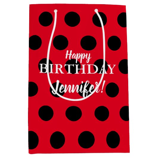 Black & Red Lady Bug Polka Dot Individuelle Name Mittlere Geschenktüte (Vorderseite)