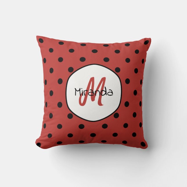 Black Red Ladybug Polka Dots Name und Monogramm Kissen (Vorderseite)