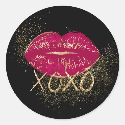 Black Red Lips Kiss Gold Glitzer XOXO Runder Aufkleber (Vorderseite)