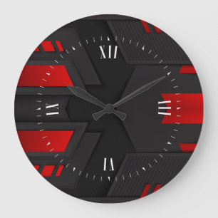 Black & Red Metallic Geometric Design Große Wanduhr