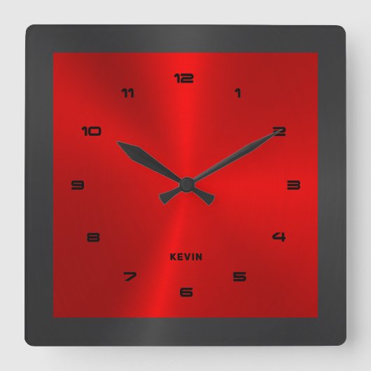 Black & Red & Metallic Stainless Steel Square W Quadratische Wanduhr (Vorderseite)